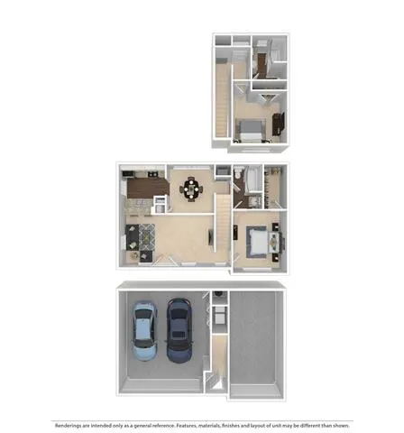 two bed two bath 1,600 square foot townhome floor plan with garage