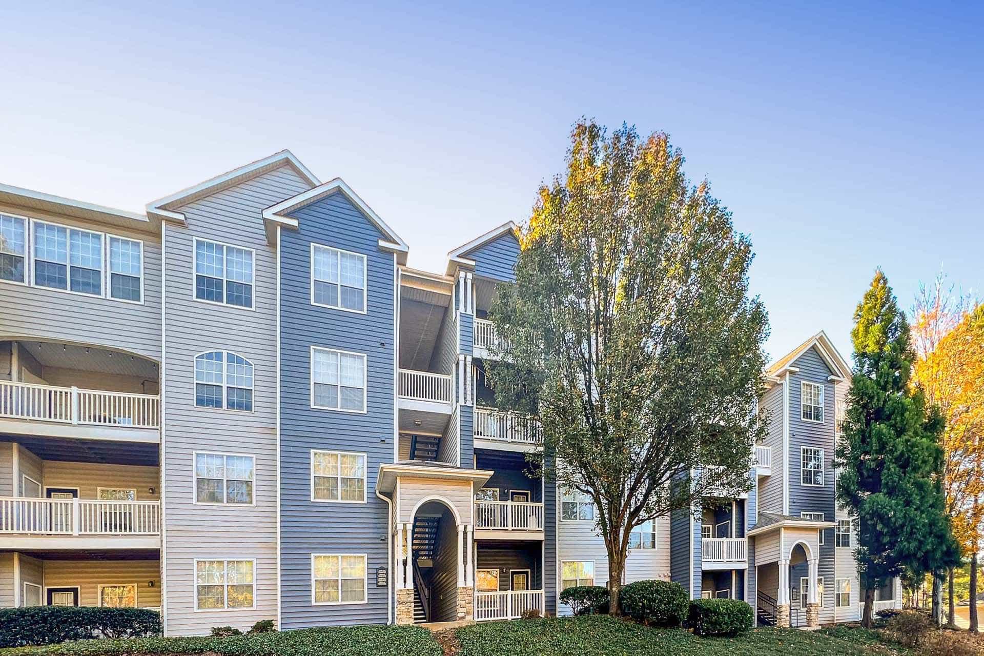 exterior view of apartment building with two toned siding