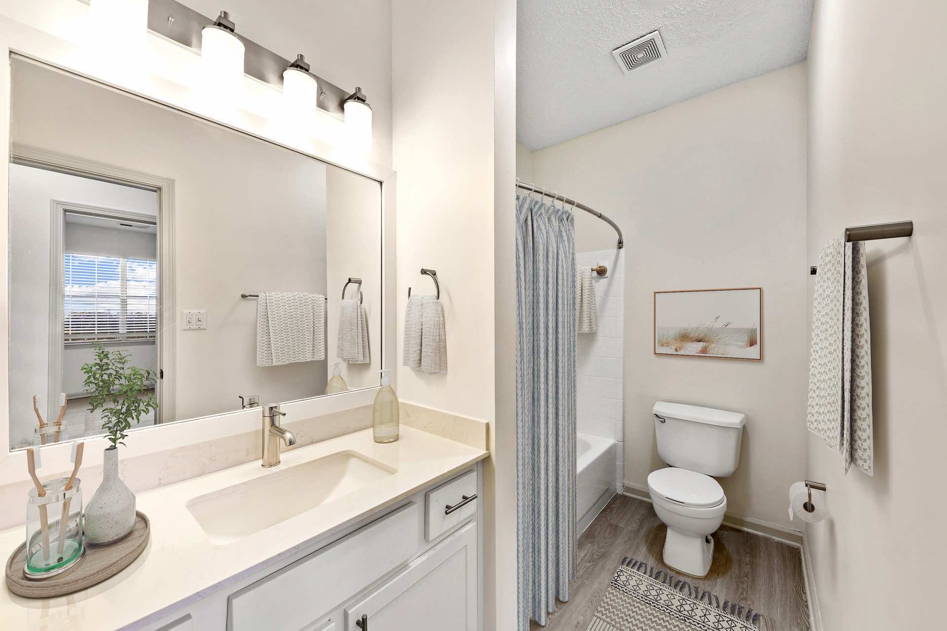 updated bathroom with ample lighting and wood-style flooring