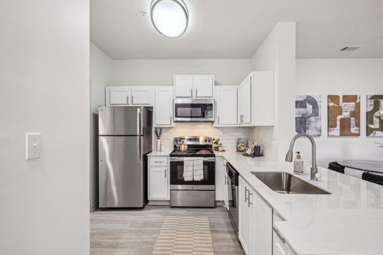 Renovated kitchen with white cabinets, wood-style floors and stainless steel appliances.